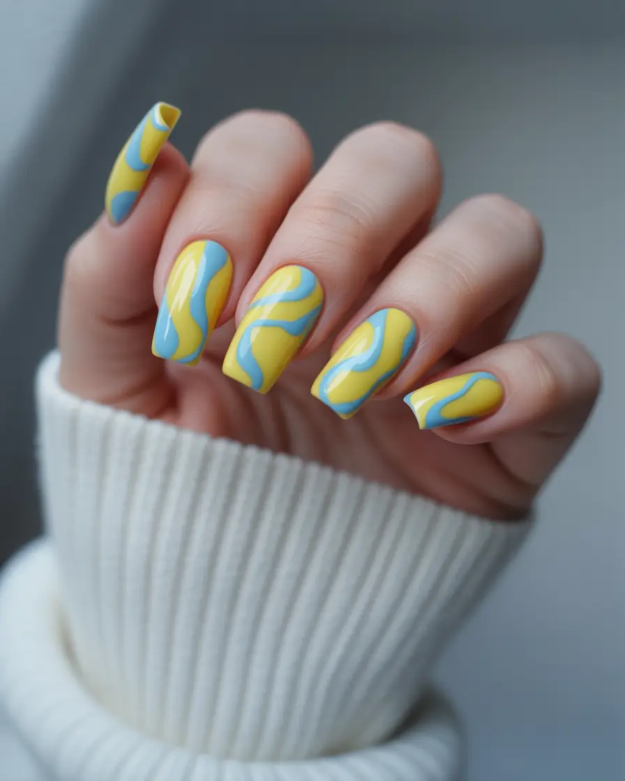 Yellow Blue Abstract Gel Nail Art Fall 2025 Short Square