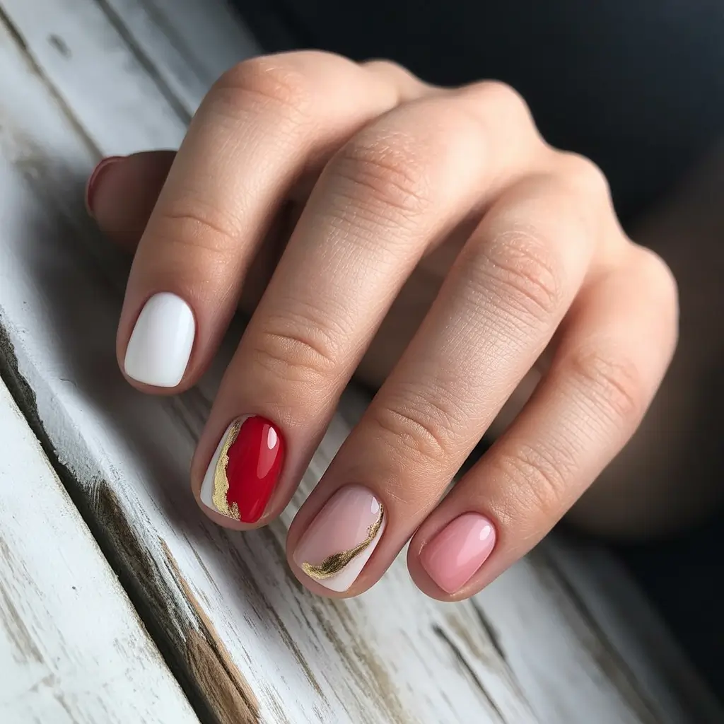 Short Square Color Mix Gold Detail Nail Design 2025