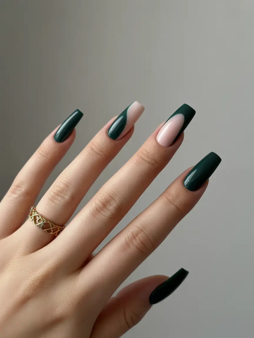 Emerald Green Graphic French Square Long Nails Gel 2025