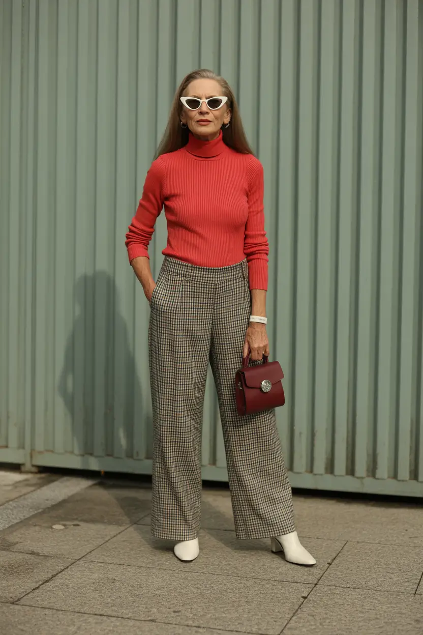 fall outfits for women over 60 Smart Reds and Check Trousers