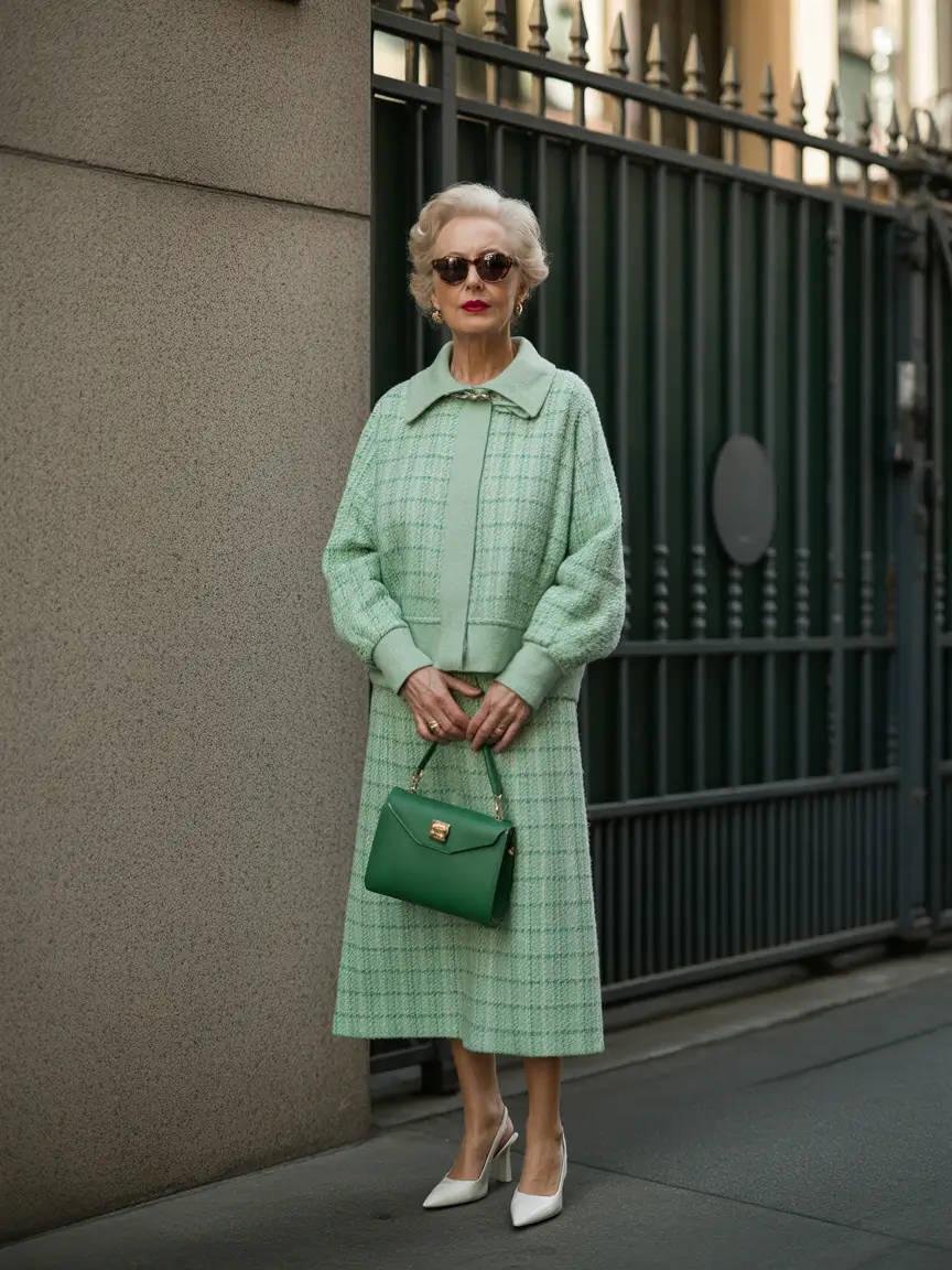 fall outfits for women over 60 Minty Fresh Tweed With Retro Grace