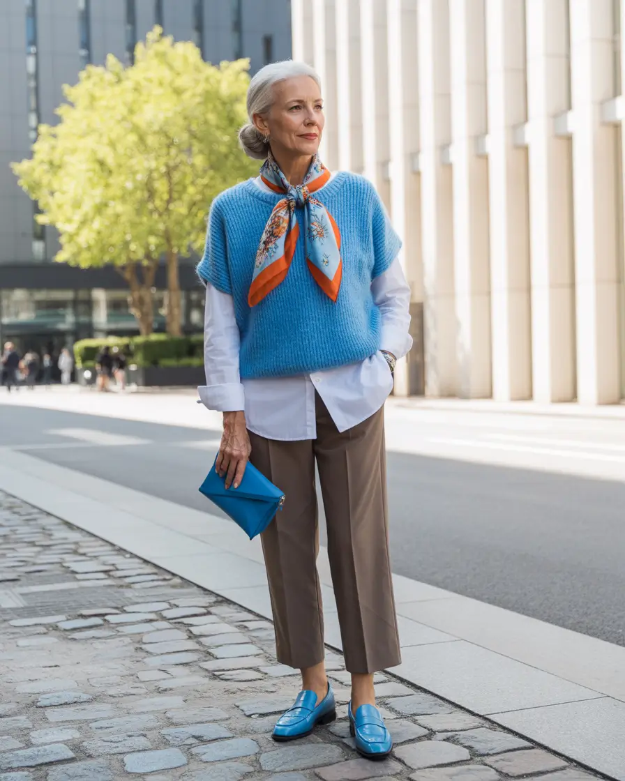 fall outfits for women over 60 Blue Tones and Modern Layers