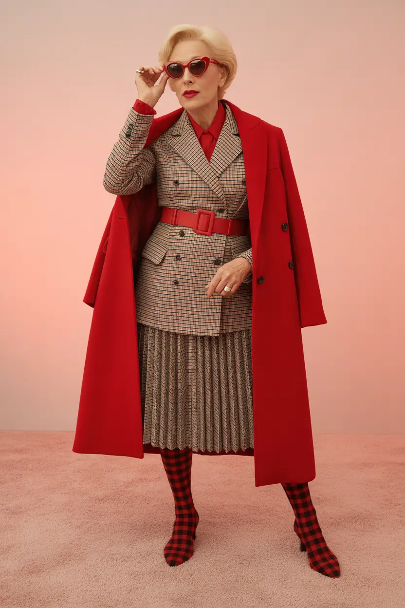 fall outfits for women over 60 Power Red Meets Parisian Pattern