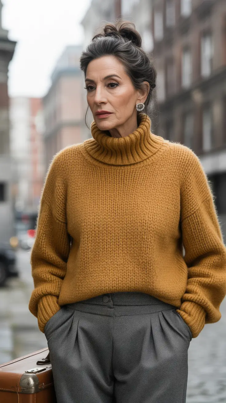 fall outfits for women over 60 Golden Mustard and Wool Trousers