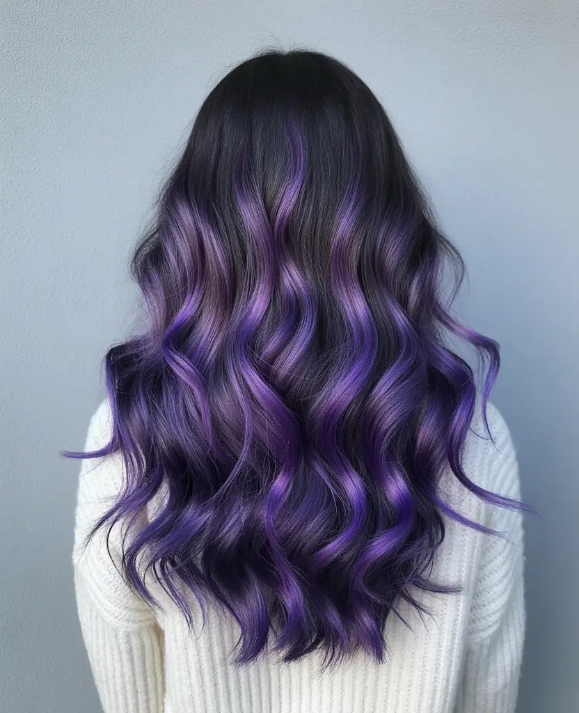 cute fall hair colors 2025 Ultra-Violet Glam Waves with a Cool-Season Punch