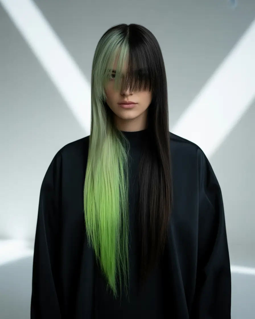 cute fall hair colors 2025 Split Dye Lime Edge with Cyber Sleek Finish