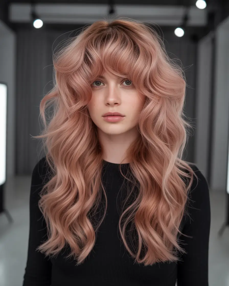 cute fall hair colors 2025 Rose Dust Curls with a Cinematic Flare