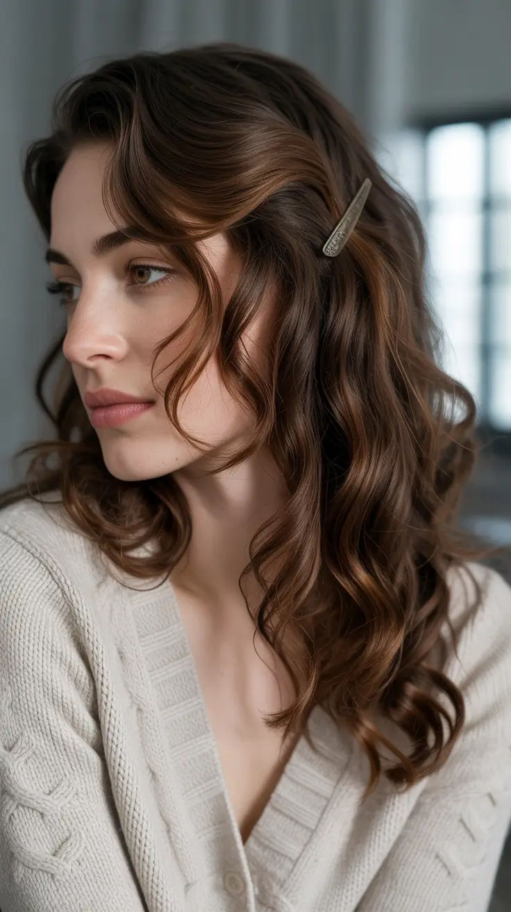 dark brown fall hair colors Glossy Layers with Retro Softness