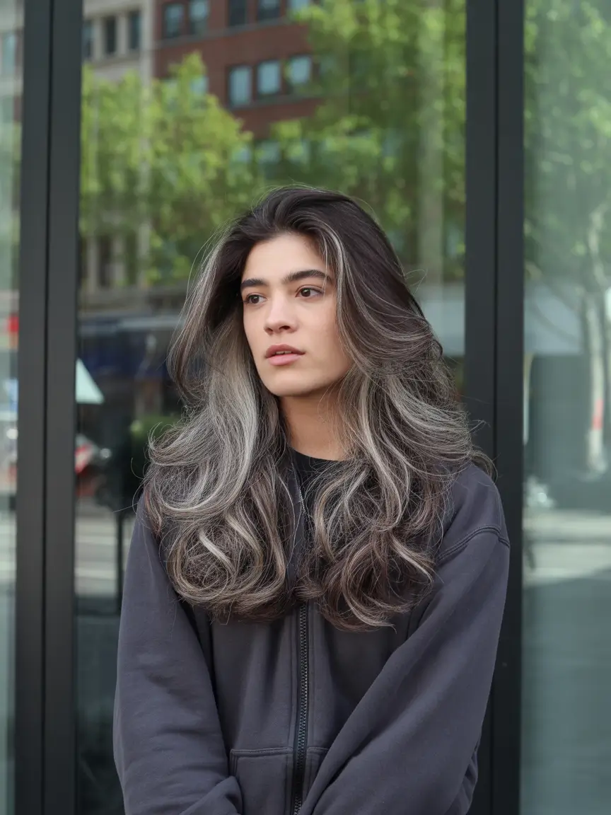 dark brown fall hair colors Silver Ash Waves with Brunette Dimension