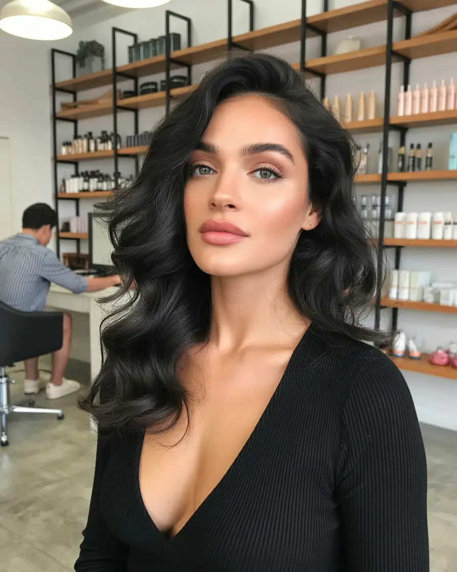 dark brown fall hair colors Glossed Jet Waves with Classic Starlet Shape