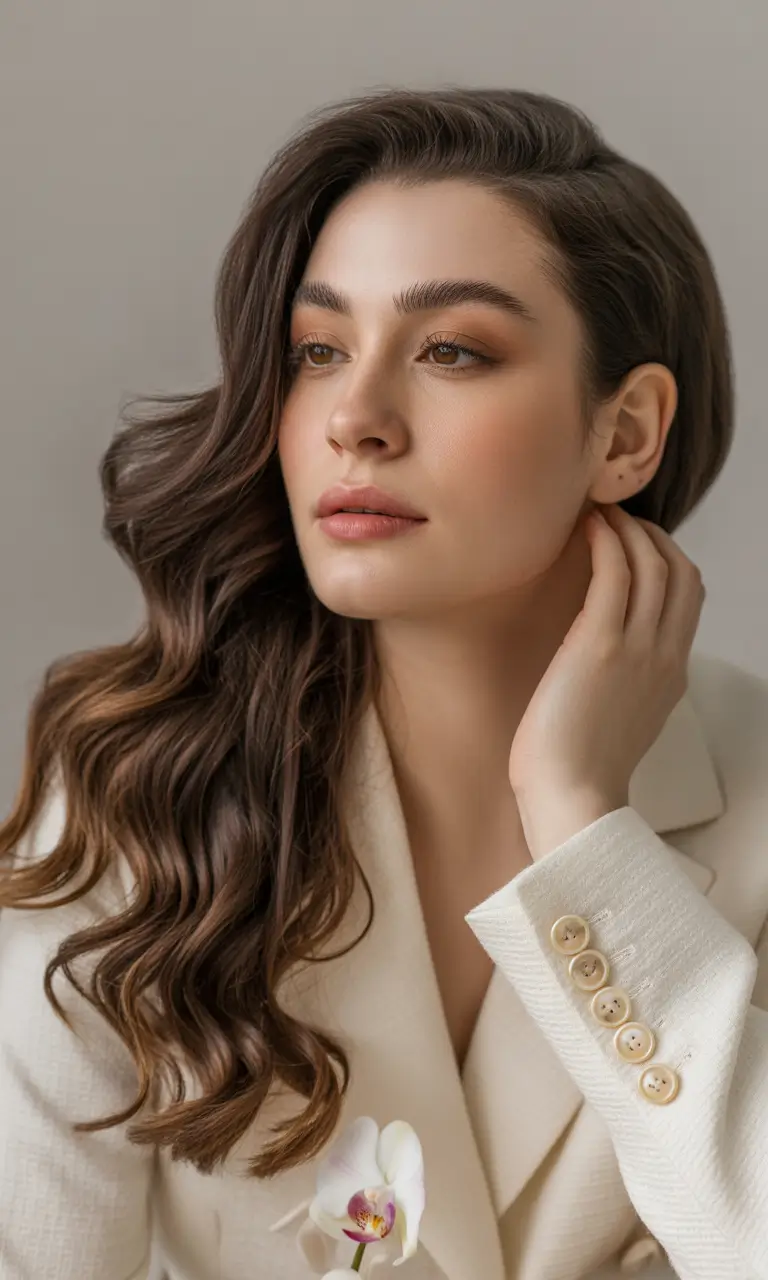 dark brown fall hair colors Wavy Mocha Side Sweep with Soft Glam Energy