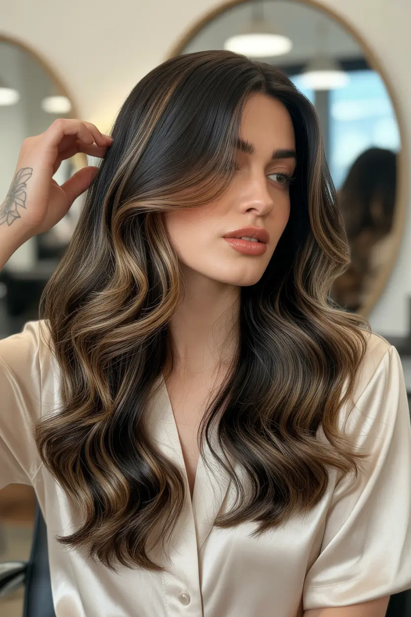 dark brown fall hair colors Face-Framing Balayage on a Jet Brunette Base