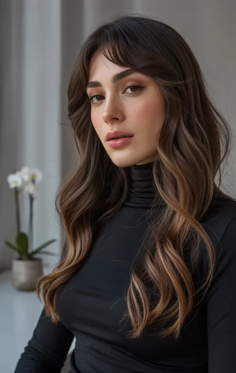 dark brown fall hair colors Hazelnut Flow with Curtain Bangs