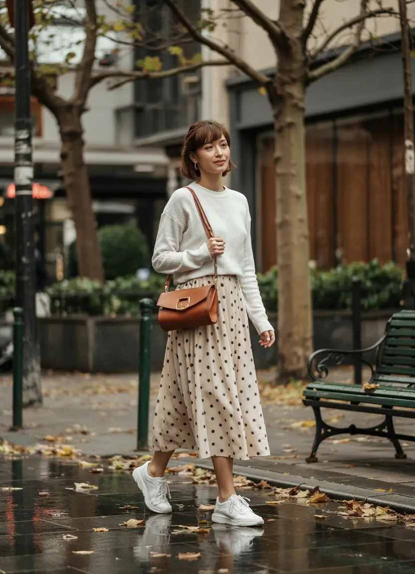 early fall outfits Parisian Stroll: Polka Dots and Comfort