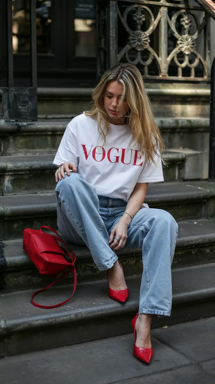 early fall outfits Graphic Girl with a Red Twist