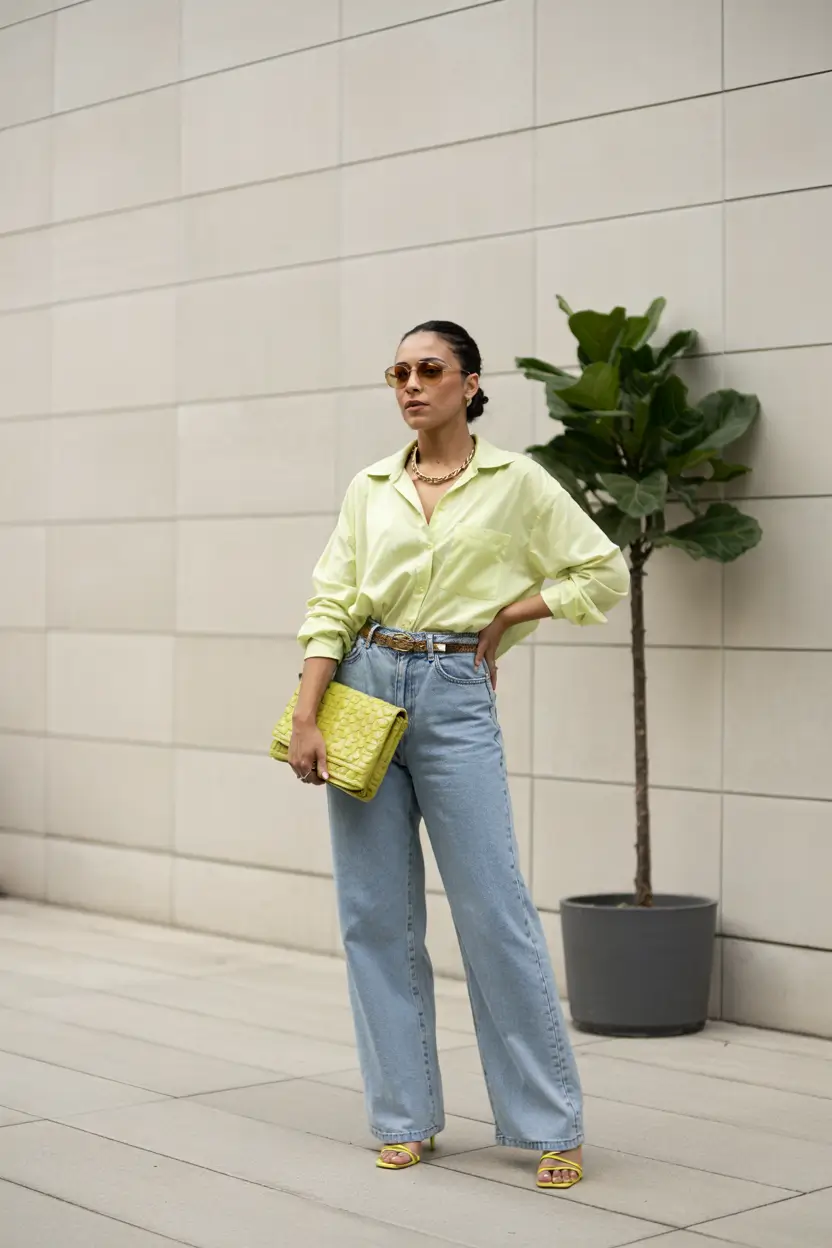 early fall outfits Lime Pop Meets Vintage Denim