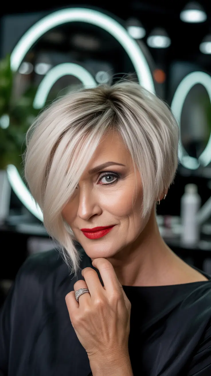 Fall haircuts for women over 60 Edgy Platinum Drama with Asymmetry