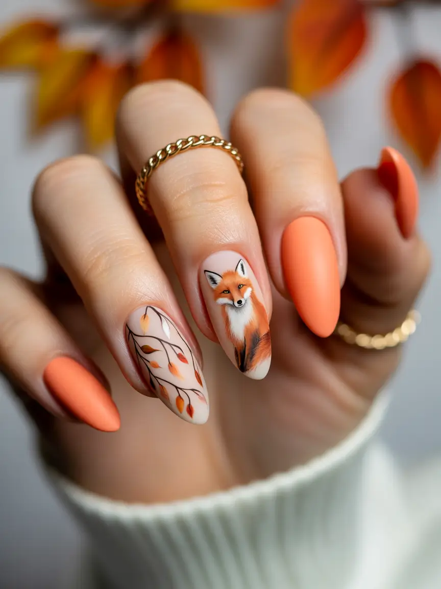 Fall 2025 Acrylic Nail Ideas - Fox-Glazed Matte with Autumn Whimsy
