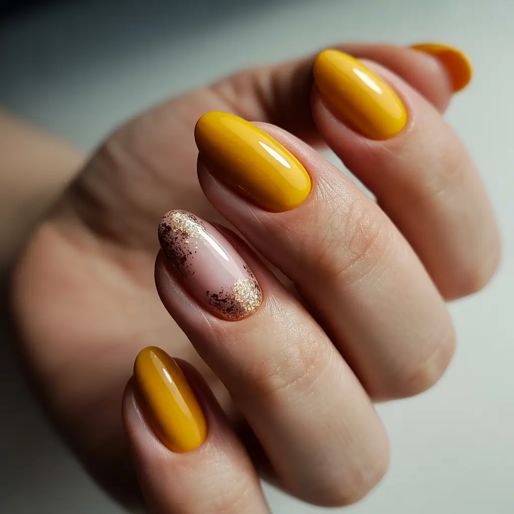 Fall 2025 Acrylic Nail Ideas - Mustard Shine with Golden Foil Accent