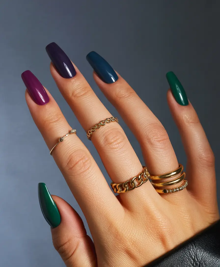 Fall 2025 Acrylic Nail Ideas - Deep Jewel Coffin Gradient