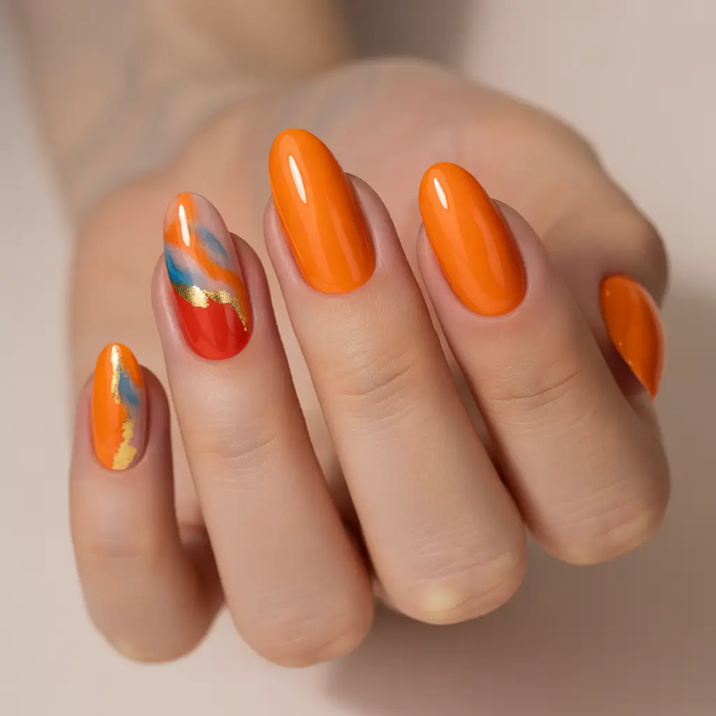 Fall 2025 Acrylic Nail Ideas - Tangerine Swirl with Metallic Accent