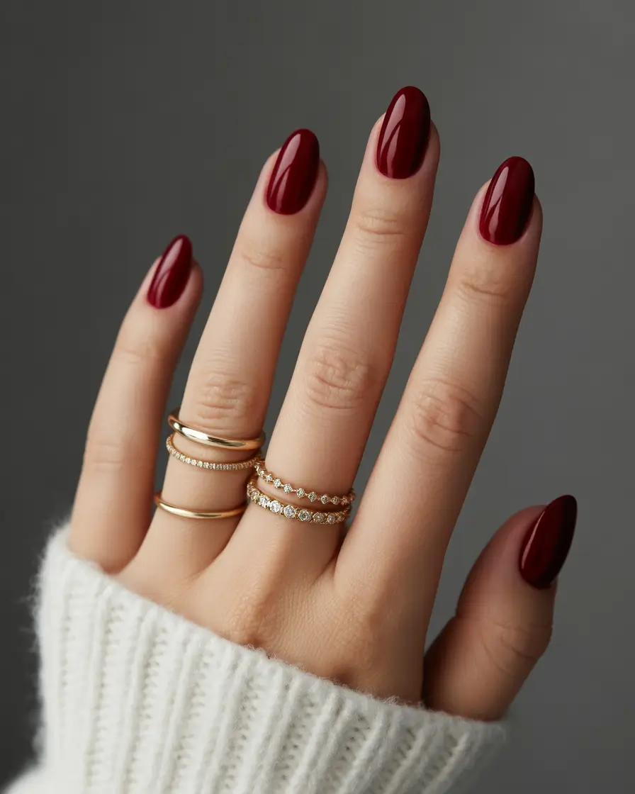 Fall 2025 Acrylic Nail Ideas - Deep Burgundy Almond for Fireside Evenings
