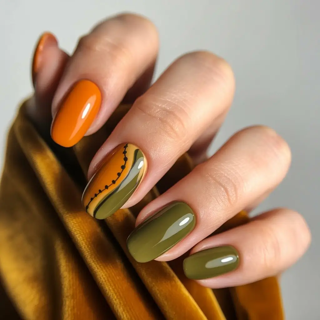 Fall 2025 Acrylic Nail Ideas - Olive Earth Tones with Abstract Edge