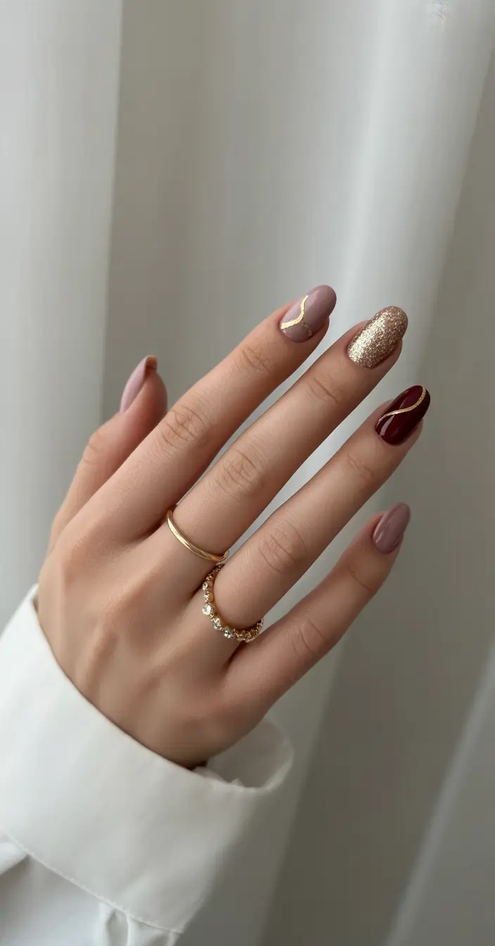 Fall 2025 Acrylic Nail Ideas - Elegant Mauve & Metallic Accents