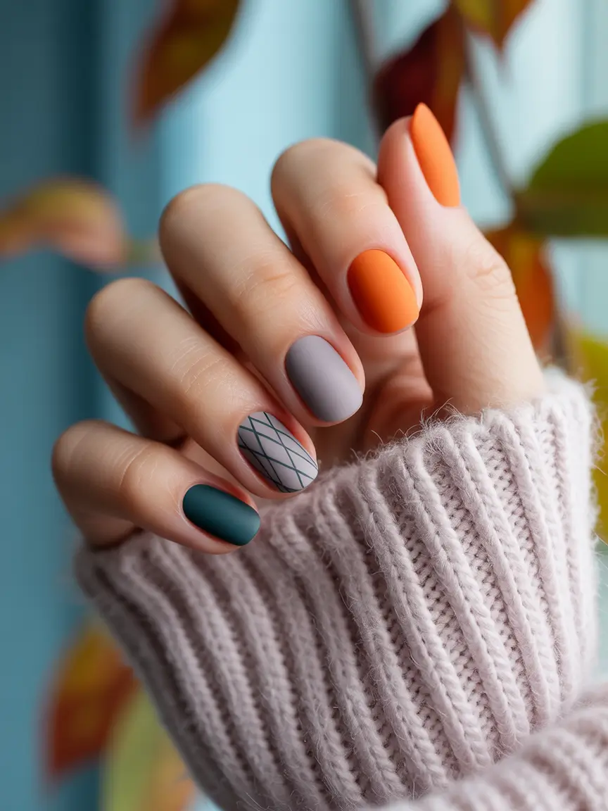 Fall 2025 Acrylic Nail Ideas - Muted Mosaic With Matte Boldness