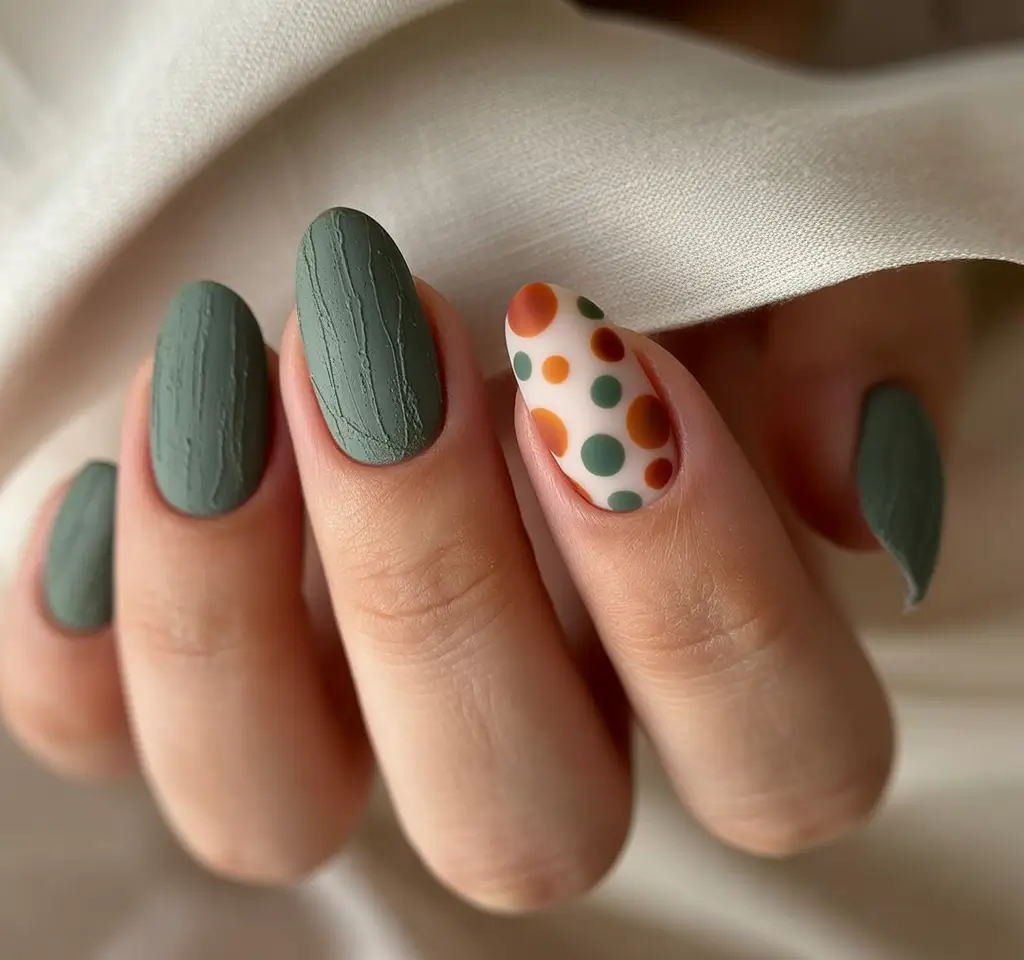 Fall 2025 Acrylic Nail Ideas - Textured Sage & Dot Accent