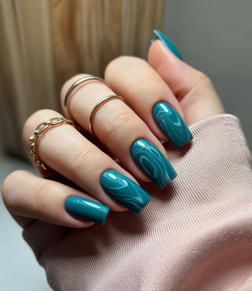 Fall 2025 Acrylic Nail Ideas - Blue Marble Squares