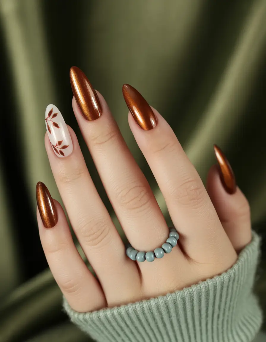 Fall 2025 Acrylic Nail Ideas - Molten Bronze with Botanical Whisper