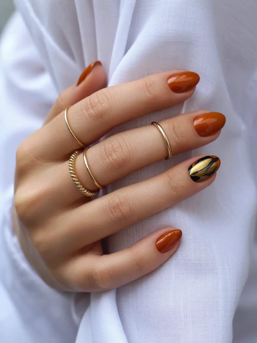 Fall 2025 Acrylic Nail Ideas - Toffee Gloss and Golden Marble Drama
