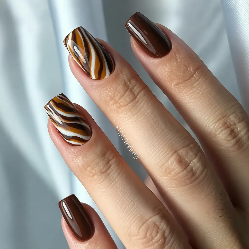 Fall 2025 Acrylic Nail Ideas - Espresso and Tiger Swirl Fusion