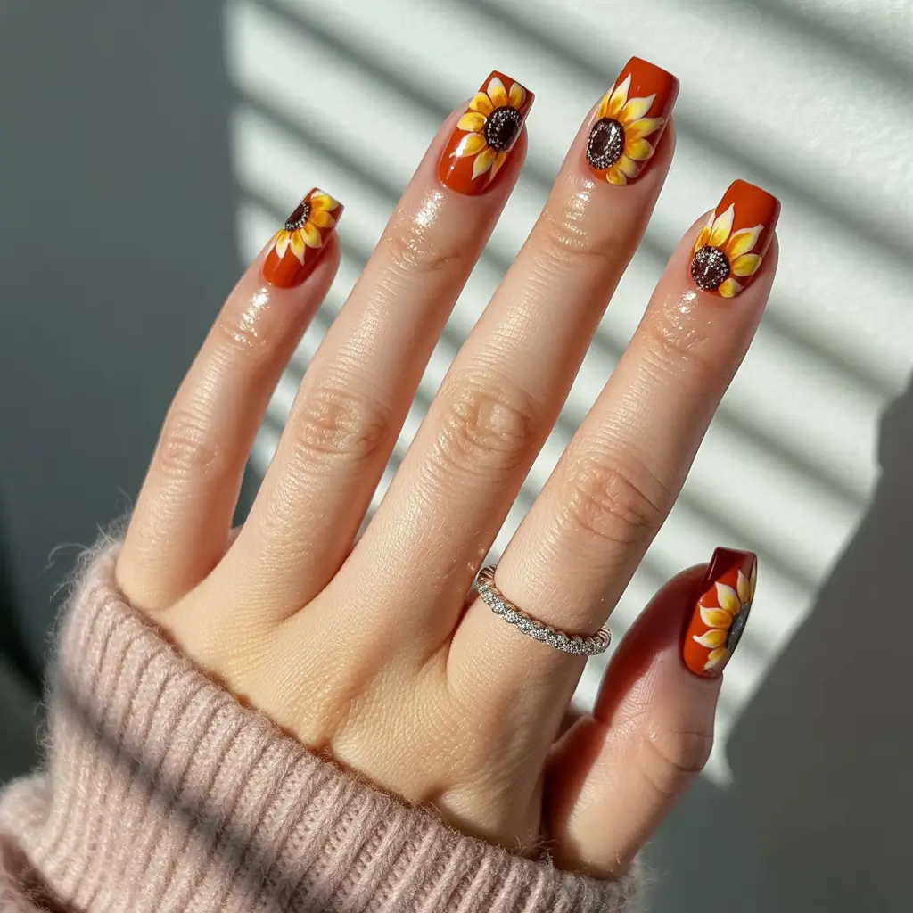Fall 2025 Acrylic Nail Ideas - Harvest Sunflower Coffin Set