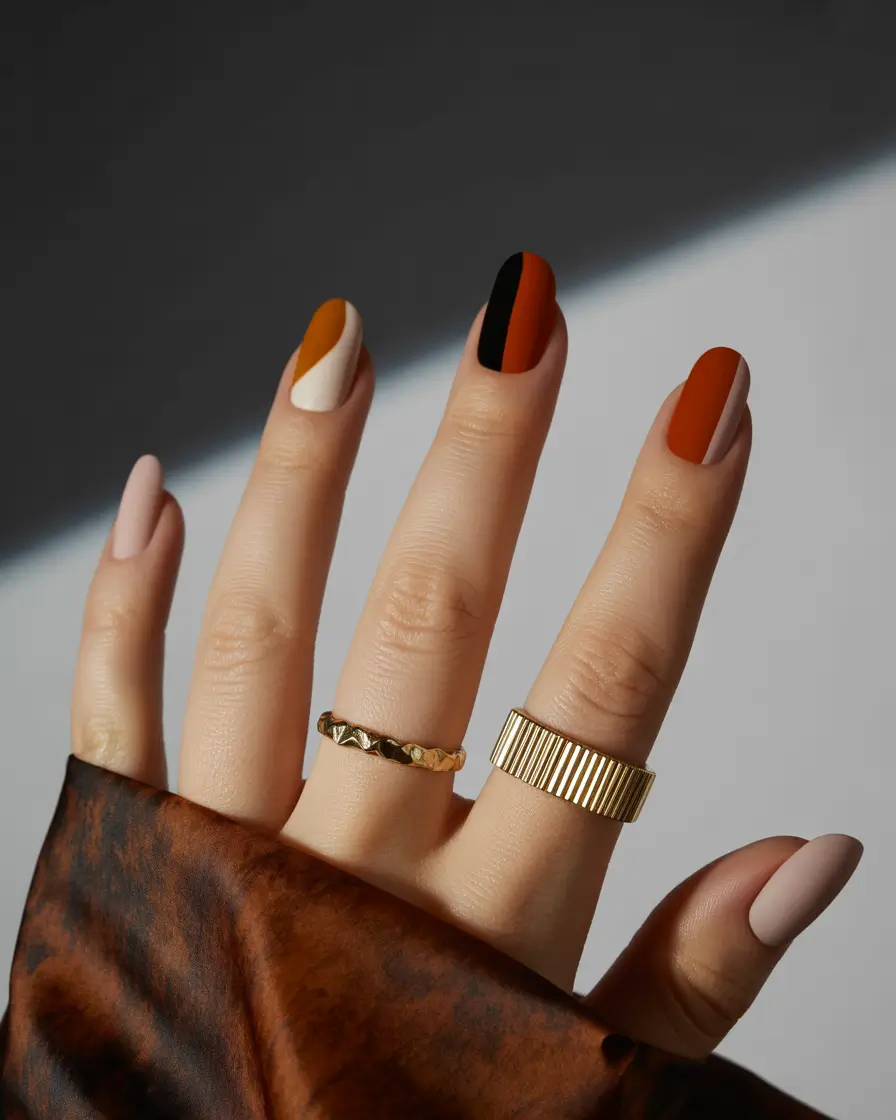 Fall 2025 Acrylic Nail Ideas - Matte Modern Colorblock Neutrals