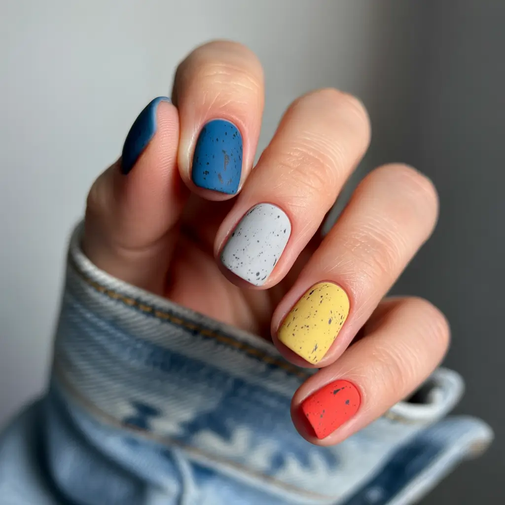 Fall 2025 Acrylic Nail Ideas - Speckled Retro Primary Shorties