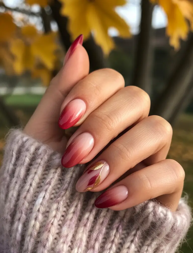 Fall 2025 Acrylic Nail Ideas - Wine-Dipped Ombre with Golden Details