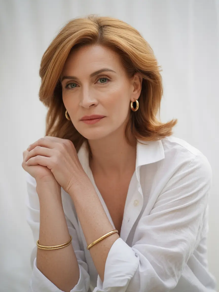 Fall hair color for women over 50+Warm Copper Tones with a Soft Blowout