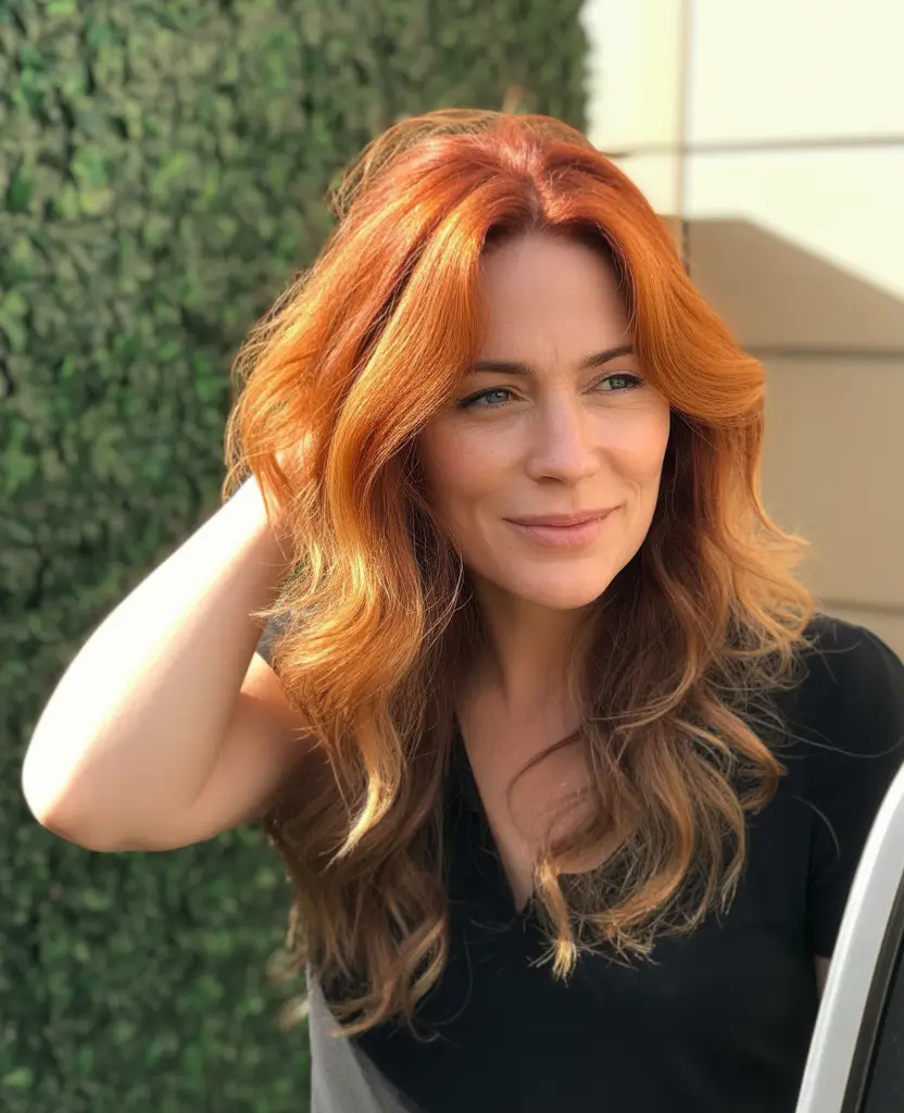 Fall hair color for women over 50+Sunset-Inspired Red Ombre Layers