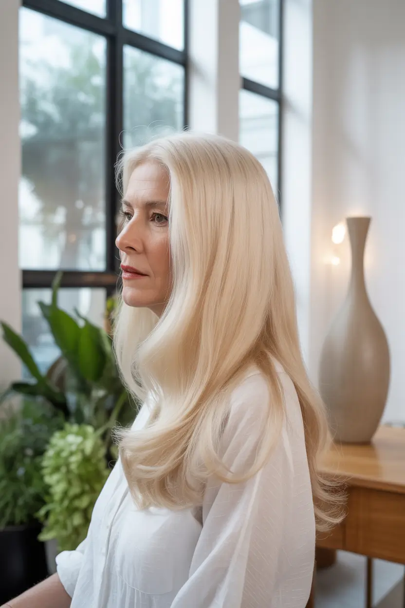 Fall hair color for women over 50+Porcelain Blonde Elegance with Silky Length