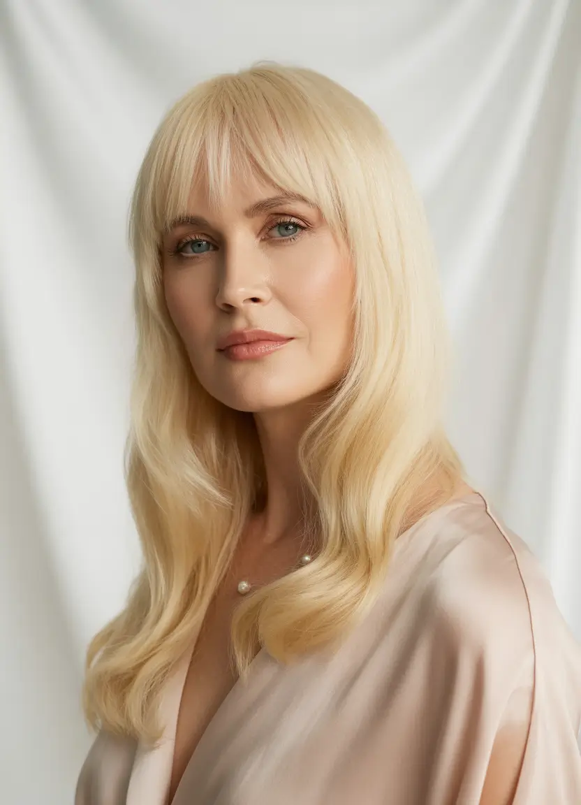 Fall hair color for women over 50+Soft Vanilla Blonde with Gentle Fringe