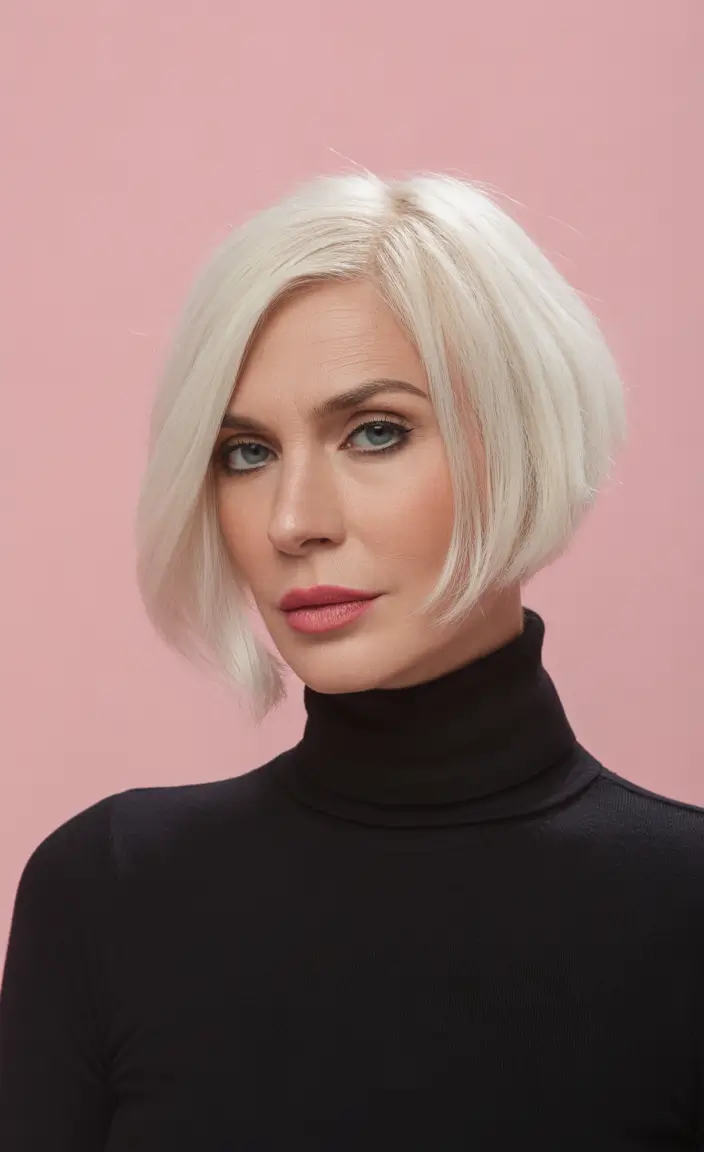 Fall hair color for women over 60 - Icy Blonde Micro-Bob with Clean Edge