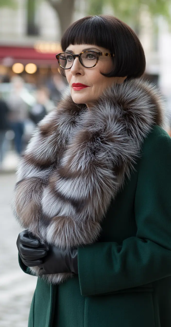 Fall hair color for women over 60 - Glossy Brunette Bowl Cut with Couture Flair