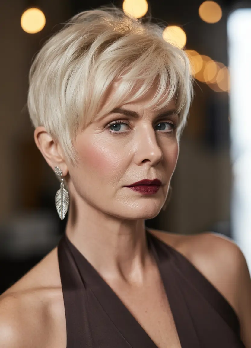 Fall hair color for women over 60 Textured Platinum Pixie with Side Bangs