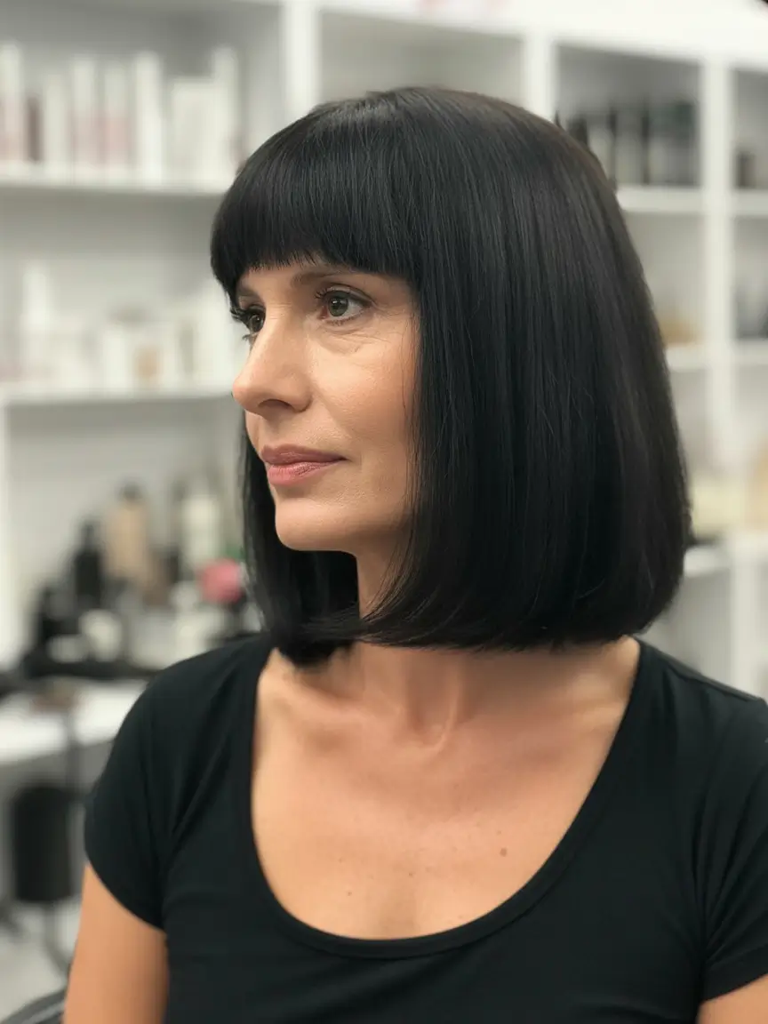 Fall hair color for women over 60 Glossy Black Bob with Baby Bangs