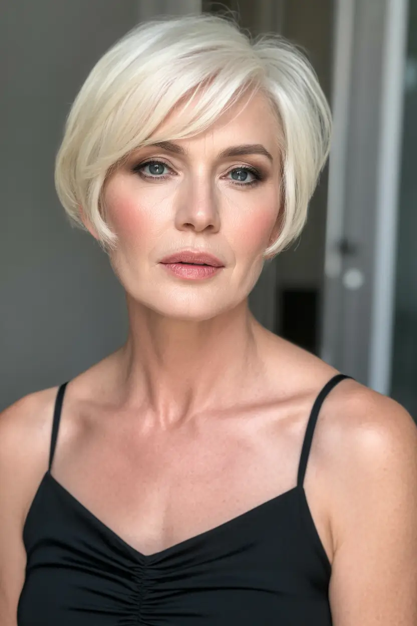 Fall hair color for women over 60 Elegant Creamy Blonde French Bob