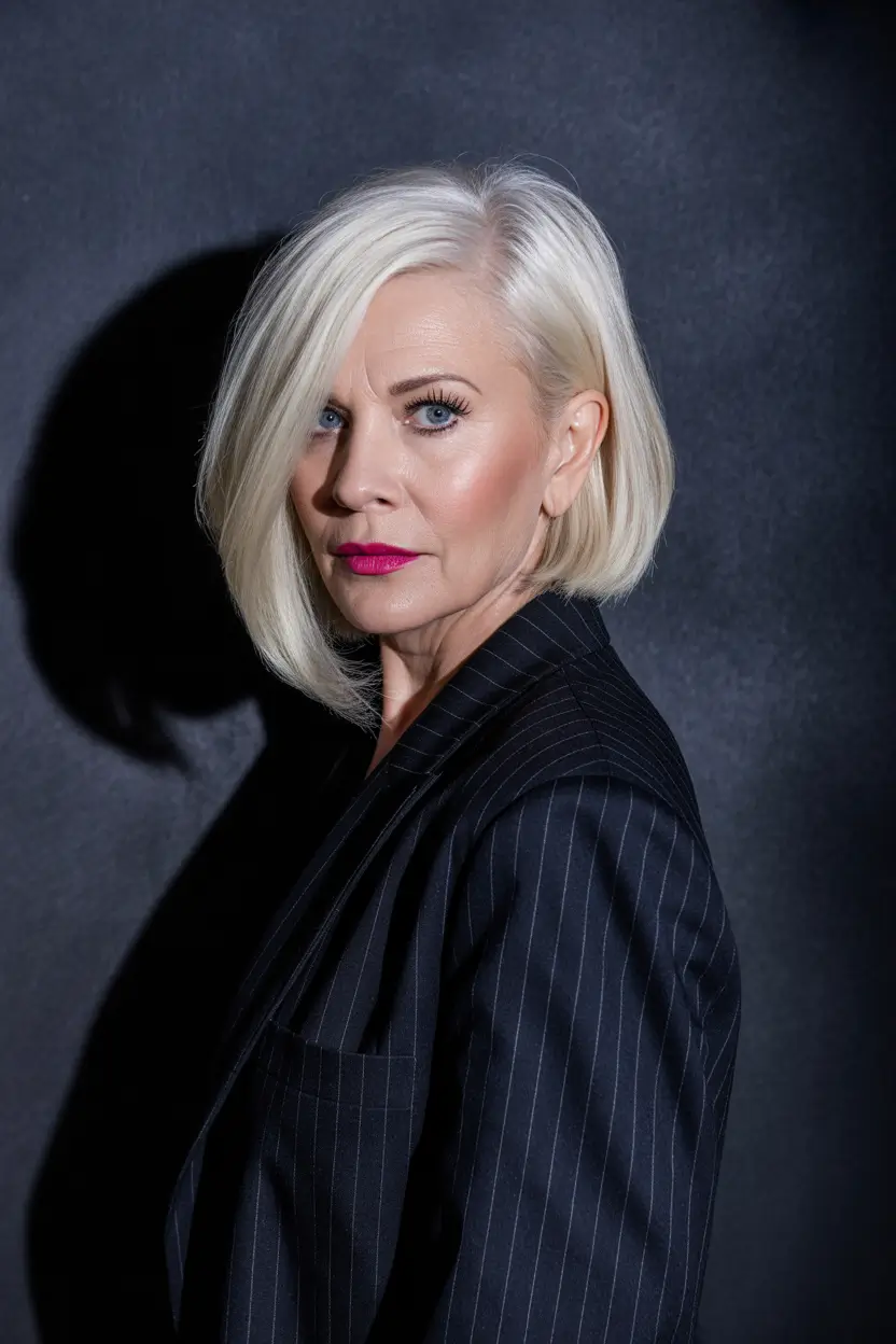 Fall hair color for women over 60 Sculpted Platinum Side Bob with Graphic Lines