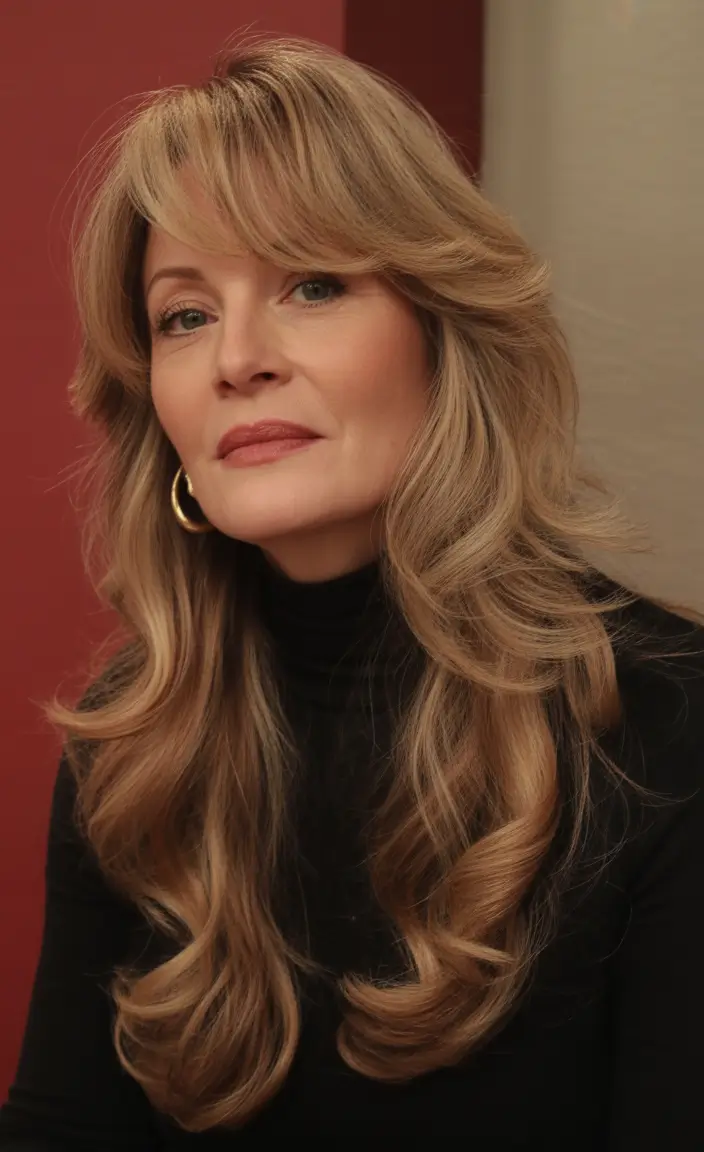 Fall hair color for women over 60 - Warm Cinnamon Flow with Feathered Fringe