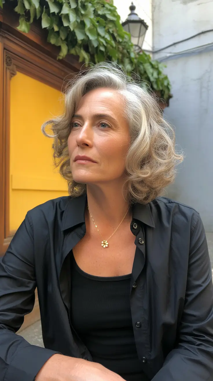 Fall hair color for women over 60 - Classic Silver Curl with Natural Edge